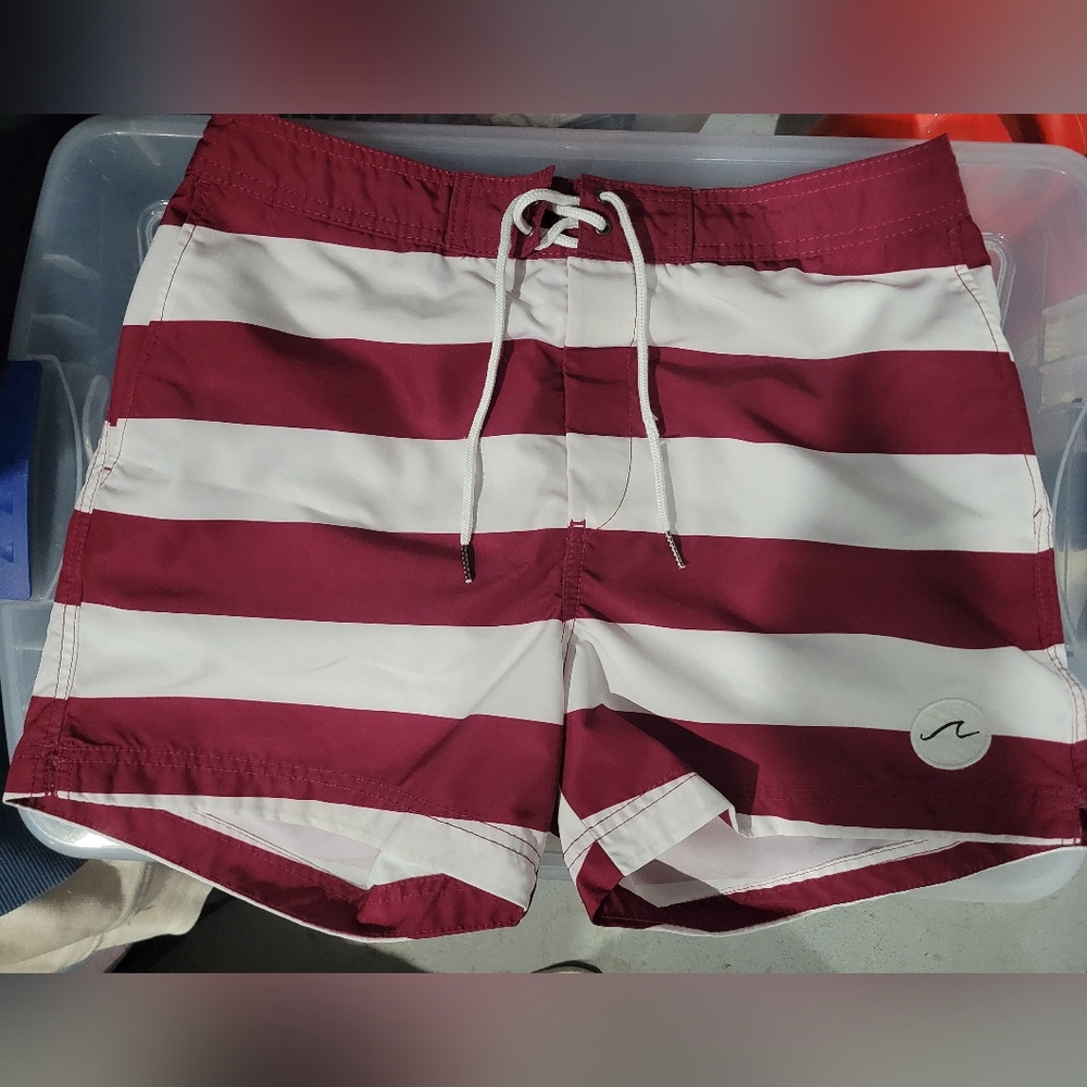 H&M Mens Marroon Red & White Horizontal Striped Swim Shorts Size Small
